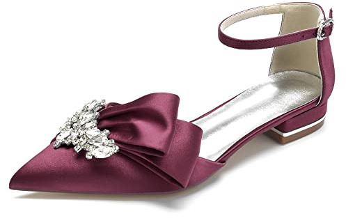 Yhsdfcn Asymmetriska Spetsiga Ballerinaskor i Satäng, Unika Bröllopsskor med Strass och Veck med Rem,Burgundy,36 EU
