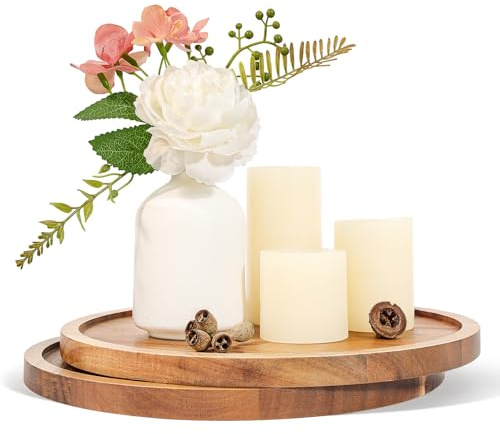 WLWNWFT Candle Tray Table Centre Piece Decoration Set of 2, Acacia Wood Decorative Trays Candle Plate Holder for Coffee Table Display Home Decor Farmhouse Rustic Round Wooden Tray for Christmas 25cm