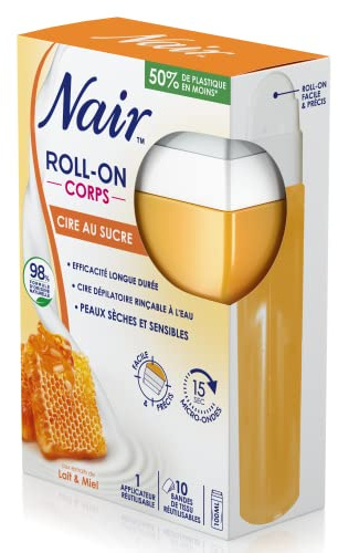 NAIR - Roll-On Cire au Sucre, aux extraits de Lait & Miel - Corps , flacon de 100ml + 10 bandes réutilisables