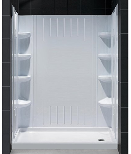 DreamLine 32 in. D x 60 in. W x 75 5/8 in. H Right Drain Acrylic Shower Base and QWALL-3 Backwall Kit In White, DL-6146R-01
