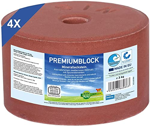 imima Mineralleckstein Pferd PREMIUMBLOCK Salzleckstein Set 4 x 3kg - Salzlecksteine für Pferde, Schafe, Ziegen, Wild und Rind - Salz Leckstein Mineralstein