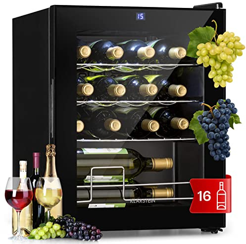 Klarstein Shiraz Cave à Vin Noir – 16 Bouteilles, 42 L, 1 Zone | Réfrigérateur à Vin Pose Libre, Porte Vitrée, Silencieux, 5–18 °C, LED, Cadre Inox