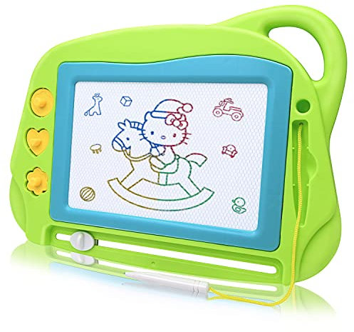 Lavagna Magnetica per Bambini, 4 Colori Colorati Lavagnetta Magica Portatile Cancellabile con 3 Timbri Magnetici e 1 Penna-Giocattoli da Disegno Dimensioni da Viaggio per Bambini 3 4 5 Anni- Blu