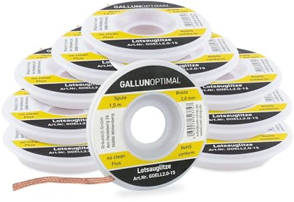 GALLUNoptimal 10er Set Entlötlitze flussmittelgetränkt 2 mm breit 1,5 m lang auf Antistatikspule