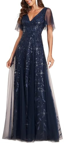 Ever-Pretty Women's V Neck A Line Empire Waist Embroidery Sequin Tulle Bridesmaid Dresses Navy Blue 18UK