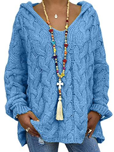 Mujer Manga Larga Casual V-Cuello Jersey Otoño Invierno Blusa Tops Suéter Pullover Oversize Sudadera con Capucha Azul Oscuro XL