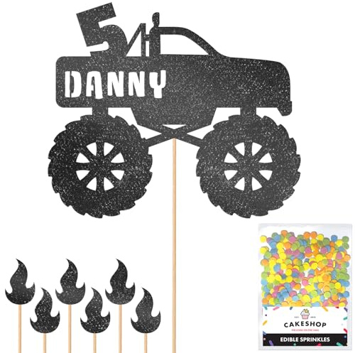 Personalised Monster Truck Glitter Cake Topper- Black Any Custom Age & Name Glitter Cake Decoration and Sprinkles - Happy Birthday Decorations - Personalised Toppers for Cakes by Cakeshop