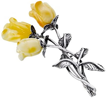 Brosche Sterling Silber 925 Baltische Bernstein Milchiges Gelb Rose Geschenk für die Dame