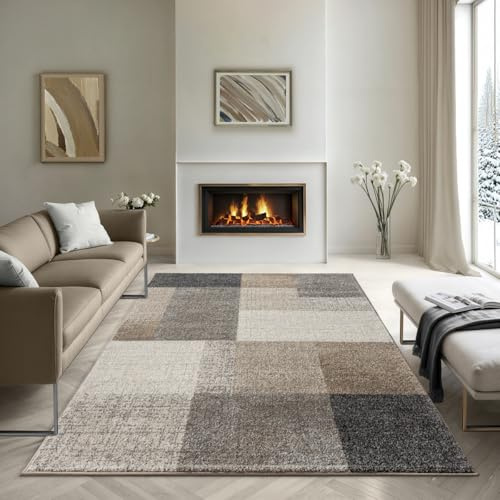 the carpet Pearl - Tappeto moderno a pelo corto, per soggiorno e camera da letto, motivo geometrico, a quadri, 160 x 220 cm, colore beige