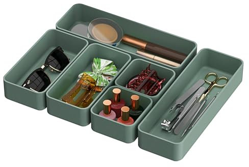 CHANCETSUI 6 PCS Stackable Drawer Organizers Set, Versatile Desk and Vanity Drawer Organizer Trays, Storage Bins for Makeup, Bathroom, Bedroom, Kitchen and Office, Green