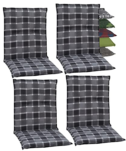 Beo Niedriglehner Auflagen 4er Set Barcelona | Made in EU nach Öko-Tex Standard | Waschbare Stuhlauflage Niedriglehner mit Halteband | Atmungsaktive Auflagen Niedriglehner in Grau-Weiß Kariert