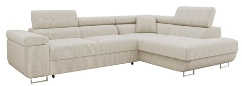 Mirjan24 Ecksofa Torezio Cord mit Bettkasten, Einstellbare Kopfstützen, Sofa mit Schlaffunktion, Eckcouch für Wohnzimmer, L-Form Couch mit Bettfunktion (Poso 100, Seite: Rechts)