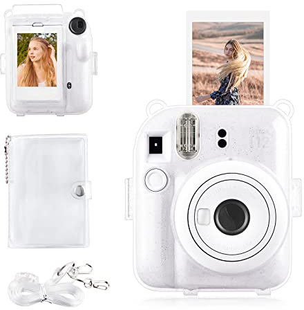 Rieibi Housse pour Instax Mini 12 - Étui à Paillettes pour Appareil Photo Instantané Fujifilm Instax Mini 12 avec Poche Photos Arrière, Bandoulière Transparente et Mini Album Photo - Transparent