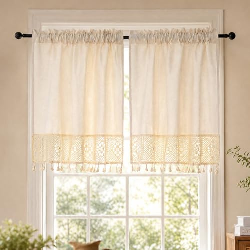 Molaxhome Leinen Scheibengardinen mit Quaste Kurzstores Boho Valances | Valance für Fenster,Küche Fenster Behandlungen Tier,Vorhang für Schlafzimmer, Dekore Bauernhaus Valance,2 St.74x90 Curtain