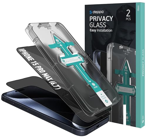 Deppa |2 Stück| Sichtschutz für iPhone 15 Pro Max (6.7') Schutzfolie mit Schablone | 9H Stoßfest | Vollständige Abdeckung | Blasenfreie, einfache Installation| Privacy