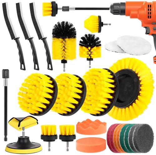 27-Stück Bürstenaufsatz Bohrmaschine Set, Reinigungsbürste elektrisch, Felgenbürste Kit für Bohrmaschinen, Felgen, Fugen & Ecken, bürstet für Küche, Bad & Auto,Gelb