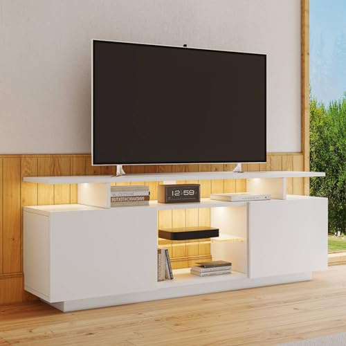 Meuble TV Blanc avec éclairage LED 16 Couleurs, élégant Meuble TV 60 Pouces avec Bandes Lumineuses 16 Couleurs, Panneaux de Porte Brillants et étagères en Verre