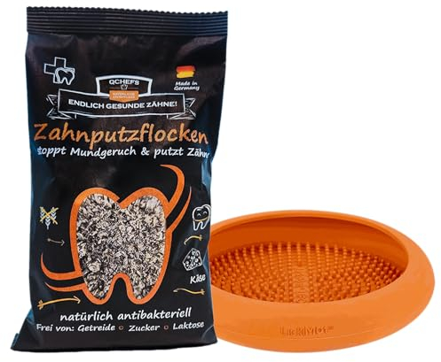 QCHEFS ZAHNPUTZFLOCKEN & Lickimat UFO als Schleckmatte Hund nach dem Hundefutter und als Hundezubehör zur Beruhigung beim Duschen und zur Zahnpflege Mundgeruch-Zahnfleischentzündung und Zahnstein Weg