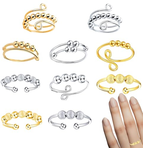 IJHYGD 10 Stück Anti-Stress Ring, Verstellbar für Frauen und Mädchen, Mit Perlen, Offener Spinner Ring (Gold und Silber)