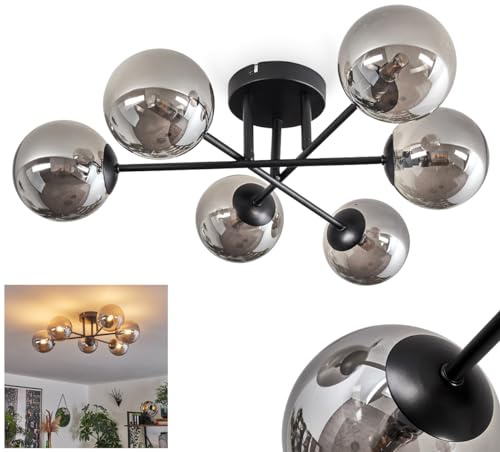 HOFSTEIN Deckenleuchte Chehalis, 6-flammige Deckenlampe aus Metall/Glas in Schwarz/Rauchfarben, moderne Leuchte im Retro/Vintage-Design, Ø Schirme 12 cm, G9, Esszimmer, Schlafzimmer, Wohnzimmer, Küche