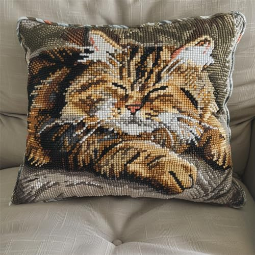 kitphoenix 43×43Cm Création De Tapis Et Canvas Taie D'Oreiller Kits Chat Suspendu De Crochet Kit Point Noué Coussin Kit De Verrouillage Kit Tapis Point Noué