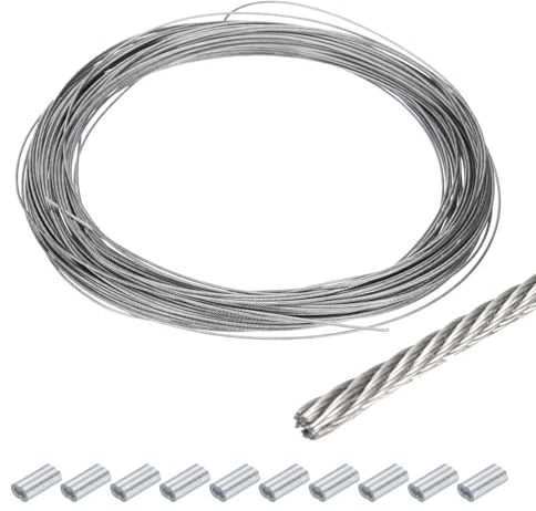 QUARKZMAN 10pz Filo Fune 100Ft(30M 304 Acciaio Inox Argento Tono | Cavo 3/64(1mm, Vinile Rivestito, con 10pz Alluminio Manicotti, per Gruccia Appendiabiti Sollevamento