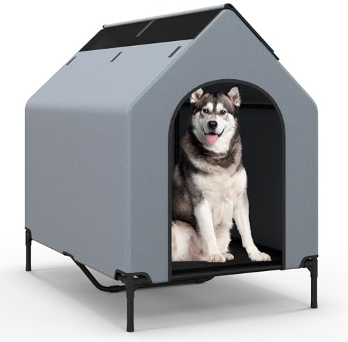 COSTWAY 2 in 1 Hundehütte & erhöhtes Hundebett, Hundeliege Outdoor, Haustierhaus mit atmungsaktivem Netzgewebe & Abnehmbarer Abdeckung, Hundehaus für mittlere Hunde, Oxford, Grau (75 x 110 x 106 cm)