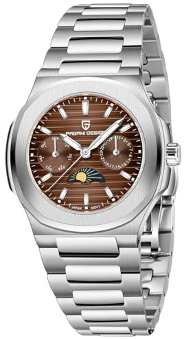 TAYSHILEY Orologio da polso da donna, al quarzo, in acciaio inox, impermeabile, con zaffiro sintetico, data automatica, fasi lunari, visualizzazione della settimana, Marrone PD-1786 Nuovo, giapponese