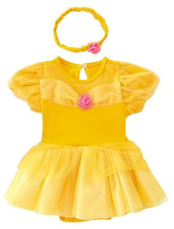 Lito Angels Disfraz Vestido de Princesa la Bella y la Bestia para Bebé Niñas Body Mono Mamelucos Onesie con diadema Amarillo Talla 0-3 Meses