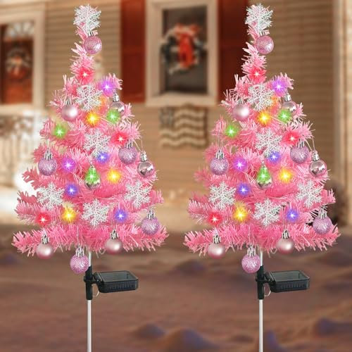 LAIAMER 2 Set Pink Solar Christmas Tree Lights, Waterproof Solar Christmas Decorations Outdoor, Xmas Solar Stake Lights with 40 LEDs Cemetery Christmas Tree for Grave Outside Garden Yard Lawn