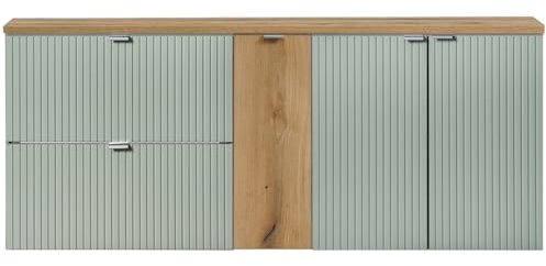 Lomadox Mobile doppio lavabo 140 cm, verde e rovere, parte anteriore scanalata, montaggio sospeso, profondità 40 cm