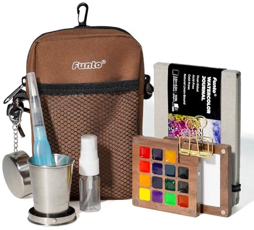 Funto Mini Watercolor Paint Set, Ensemble tout-en-un en bois de noyer de 15 couleurs Premium pour voyage, avec sac en bandoulière, pinceau à eau idéal pour les amoureux de l'art