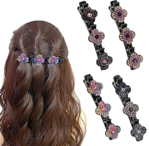 JEYORZY 4 Pcs Barrette à Cheveux Latérale à Trois Fleurs, Pince À Cheveux pour Femmes Accessoires De Cheveux Cadeau, Fleur Barrette Cheveux, Pinces à Cheveux Tressées en Pierre de Cristal Etincelante