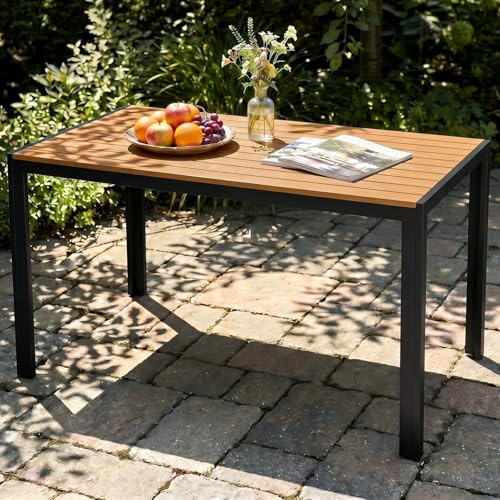 LIFERUN Tavolo da Giardino Moderno in WPC 110 x 70 cm, Tavolo da Pranzo per Esterno per 4-6 Persone, Tavolo da Balcone Salvaspazio in Alluminio, Design Effetto Legno,Marrone Teak