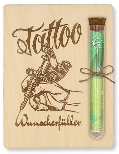 ZUKLA Verpackung für Geldgeschenke Tattoo/Tätowierung - 13 x 10 cm - mit Reagenzglas - Originelles Holz Geldgeschenk - Tattoo Gutschein Geschenkbox