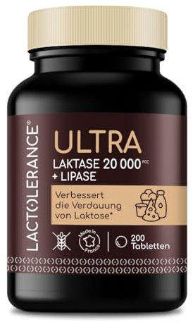 LACTOLERANCE ULTRA – Doppelte Wirkung mit Laktase (20.000 FCC) & Lipase (500 UI) – Optimale Verdauung von Laktose & Fetten – 200 Tabletten in der Vorratsflasche