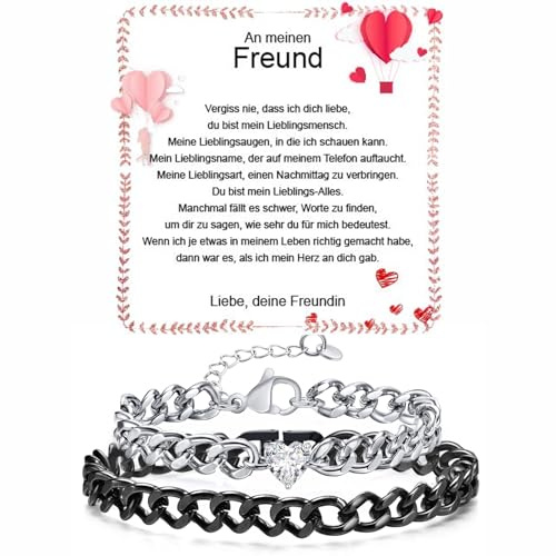 Fehki Edelstahl Paar Armband | Kubanische Kette verstellbar | Romantisches Geschenkset für Paare zum Valentinstag, Jahrestag & Geburtstag (Schwarz+Silber (Freund))