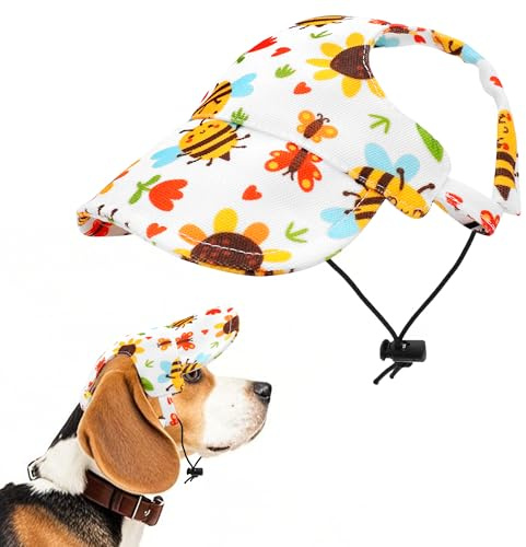 JpGdn Sonnenhut für Hunde, Baseballkappe für XL, für Welpen, Hunde, Katzen, mit Ohrlöchern, verstellbarer Kordelzug, wasserdicht, UV-Schutz, Honigbienenenenweiß, Größe XL