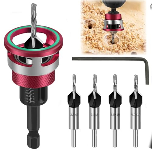 Svasatore per Legno con Arresto di Profondità in Alluminio, Funzione Touch-Stop, Punta da Trapano con Svasatore Regolabili con Gambo Esagono da 1/4, HSS Professionale Punte per Legno per Falegnameria