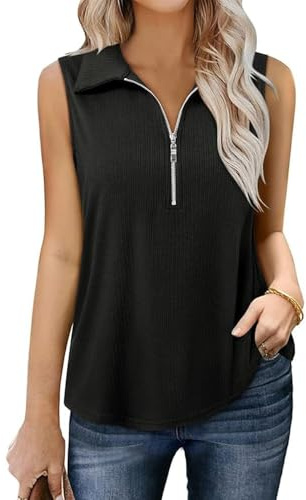 Ypser Womens Ribbed Tank Top Zipper V Neck Dressy Casual Blouses Sleeveless Camisole Tops Work Tank Polo Shirts Black