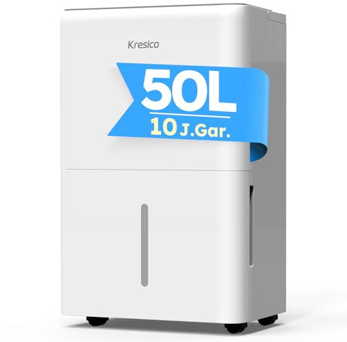 Kresico Luftentfeuchter elektrisch 50L, Entfeuchter elektrisch, Luftentfeuchter Keller für Räume bis zu 320m³/125m², Raumentfeuchter elektrisch mit Ablaufschlauch, Filter, Timer, 10 J. Gar.