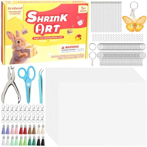 Grnheat 213 Shrinky Sheets Keychain kit, Including 20 Sheets Shrinky Plastic Paper, Tassels, Keychain Clip, Split Key Rings, Key Rings with Chain, Jump Rings, Hole Punch for Creative