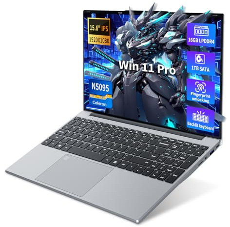 PC Portable Win11, 15,6 Pouces Ordinateur Portable 16Go LPDDR4 RAM 1To SSD, Celeron N5095 CPU, Clavier Rétro-éclairé/Déverrouillage Empreinte, 180°Flip 1080P Écran Laptop, Webcam+BT4.2+USB3.0+WiFi5