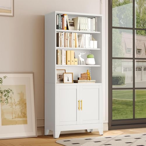 Lusiwry 180㎝ Hohe Metall Bücherregale und Bücherregale mit 2 Türen und verstellbaren Regalen, Weiß Aufbewahrungsschrank Industrie Bücherregal 6-Tier Open Display Regal für Wohnzimmer, Schlafzimmer