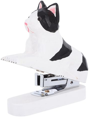 FUNNETOYU Mini Cucitrice in Legno Forma di Gatto Bianco Portatile e Compatta per Scuola Ufficio e Casa Accessorio Decorativo per Amanti degli Animali