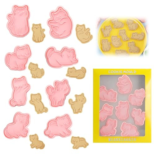 JYYWTSI Set med 8 Kakformar Katt och Liten Svart Spatel, 3D Kakskärare i Plast för Kakor Fondant Tårta och Deg, Baktillbehör för Kalas Jul Födelsedag och Hemmabakning