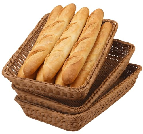 JAPCHET 3 Pack Imitation Wicker Bread Basket, 40x30x7cm Rectangular Food Serving Basket for Serving, Display, Kitchen, Restaurant
