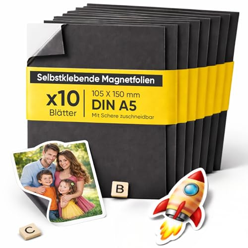 PREVIS Lámina Magnética Autoadhesiva DIN A5 (210 x 148 mm) – Hojas Imantadas Adhesivas para Fotos, Manualidades y Carteles – Película Magnética para Hogar, Escuela y Oficina (Pack 10 Unidades)