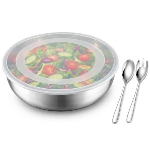 Morvexa Saladier Inox avec Couvercle et Couverts à Salade, Grand Bol Mélangeur 32 cm avec Couvercle Transparent, Saladier de Service avec Cuillère et Fourchette pour Cuisine, Pâtes, Fruits, Repas