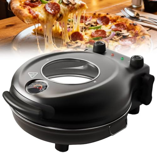 Horno Eléctrico de Pizza Para Interior, Horno de Pizza de Mostrador de 1200W con Piedra Cerámica Antiadherente de 31 Cm, Control de Temperatura, Temporizador, Ventana de Visualización, Perilla Mecánic